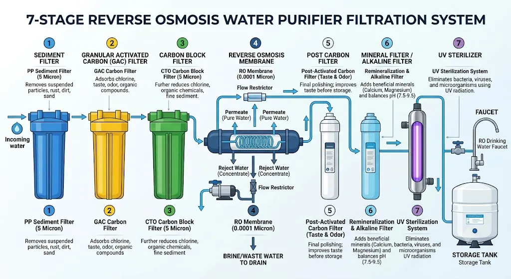 7-stage RO water purifier filtration diagram showing all stages