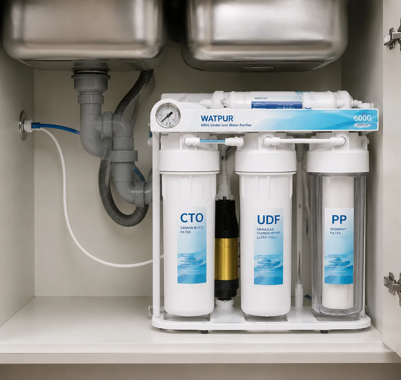 RO water purifier for large family Watpur 600G under-sink installation
